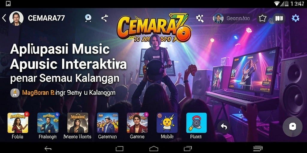 Tampilan gameplay interaktif dalam aplikasi CEMARA77 dengan fitur musik yang menarik.