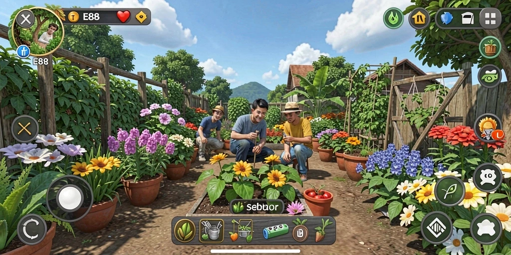 Tangkapan layar E88 menampilkan aktivitas seru berkebun dan merawat hewan ternak.