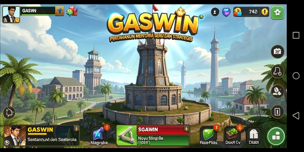 Tampilan gameplay GASWIN dengan menara pertahanan yang strategis.