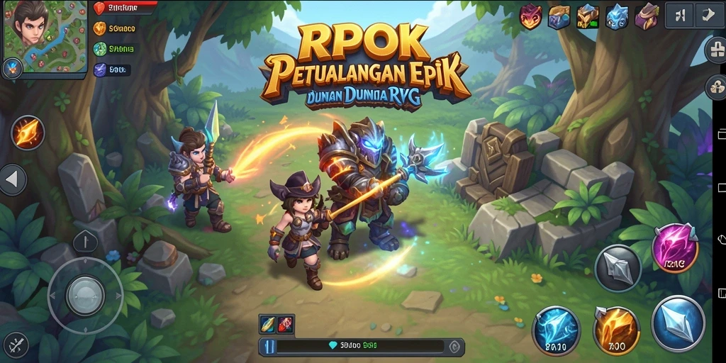 Screenshot gameplay RPOK yang menampilkan pertarungan epik dan dunia fantasi.