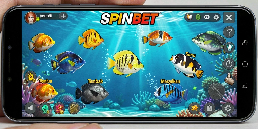 Tangkapan layar gameplay SPINBET menampilkan aksi menembak ikan yang seru dan mendebarkan.