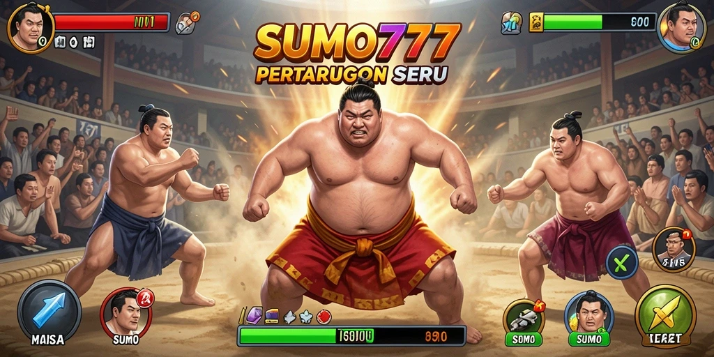 Tampilan aksi pertarungan seru di SUMO777 dengan karakter Sumo.