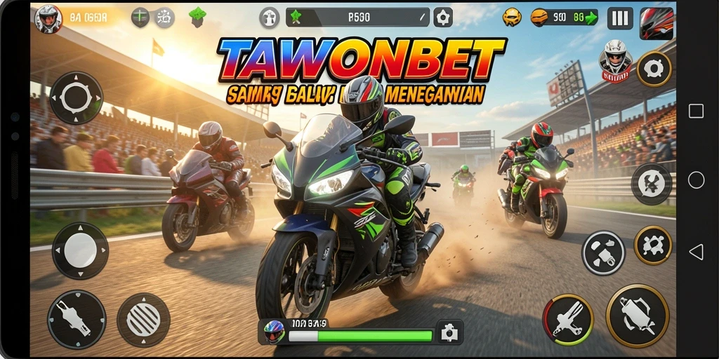 Tangkapan layar utama TAWONBET menampilkan aksi balap motor yang mendebarkan.